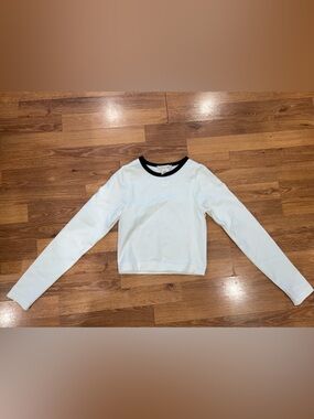 Cropped Long-Sleeve Crewneck Top in White with Black Trim